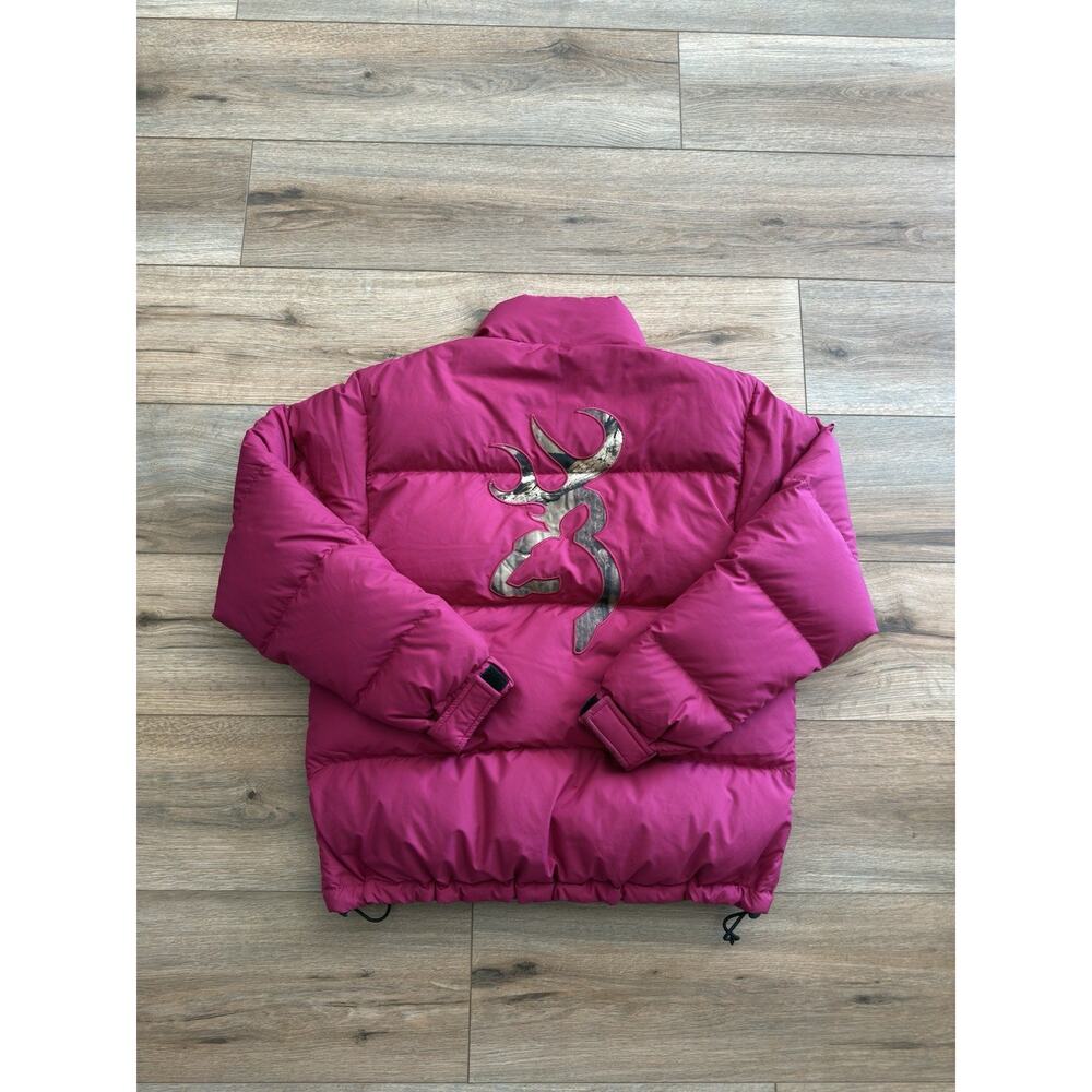RARE Y2K VTG Browning Women’s Pink Puffer Jacket Big Deer Head Logo Back SIZE S